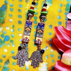 Earrings. Silver Hamsa Hand. Colorful, Multi-Patterned, Beaded.